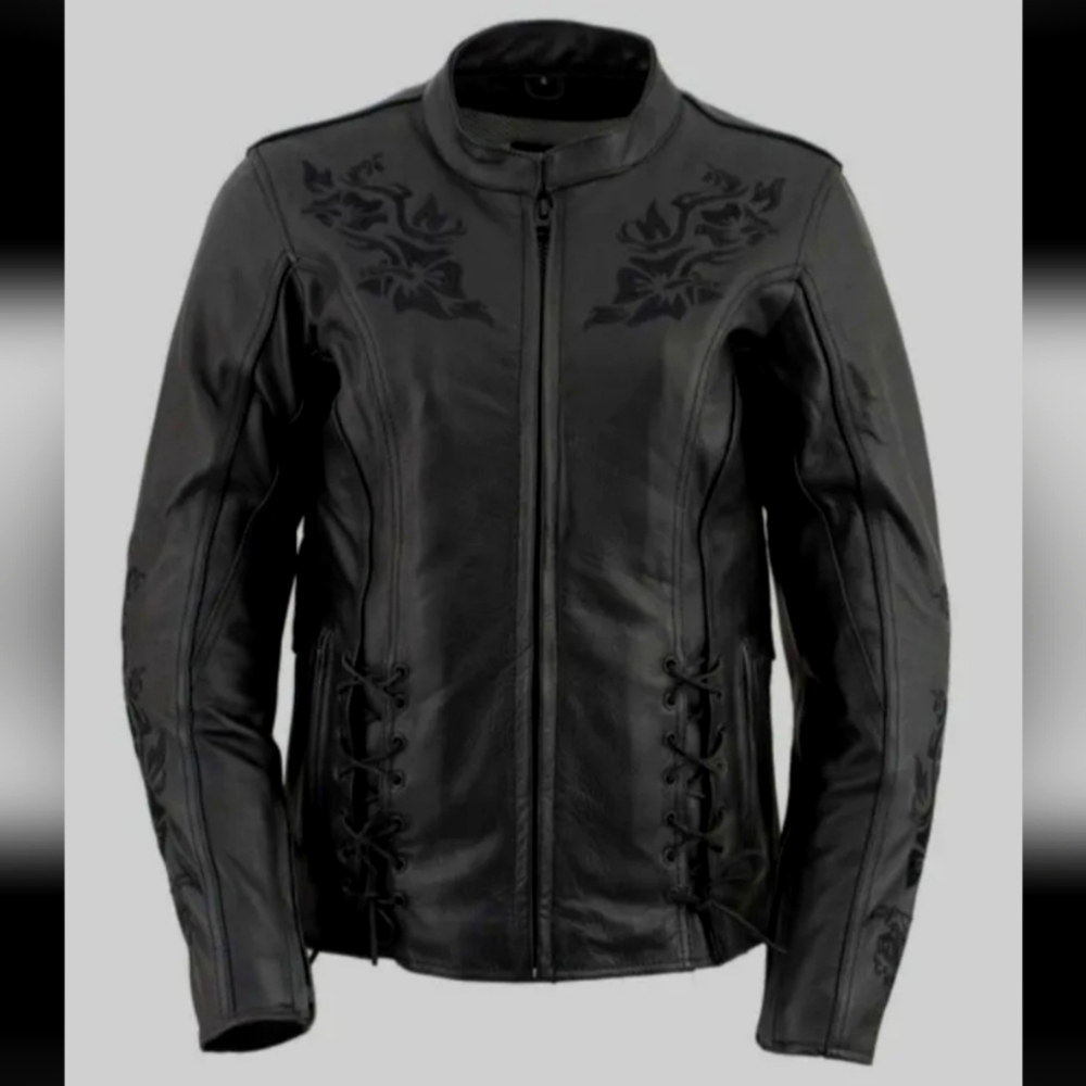 Xelement XS2030 Women's 'Gemma' Solid Black Leather Embroidered Jacket - Large